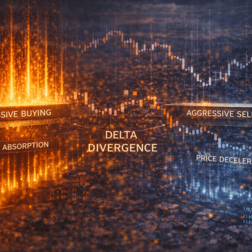 Divergência de delta: quando o agressor compra e o preço não sobe (absorção) e quando o agressor vende e o preço para de cair (exaustão)