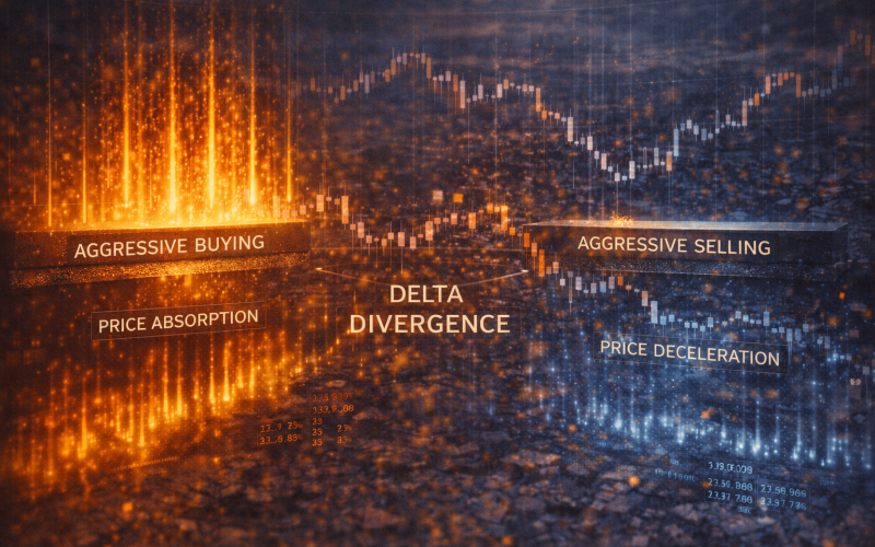 Divergência de delta: quando o agressor compra e o preço não sobe (absorção) e quando o agressor vende e o preço para de cair (exaustão)